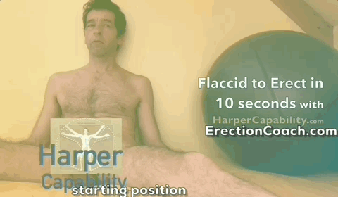 naked man gaining a hands free erection which is obscured in a way that if you look closely the glans is just visible in three points starting, semi and erect, marked with text that reads 'In Action'