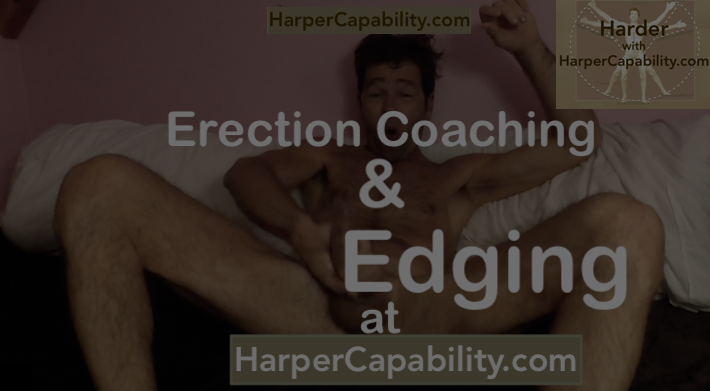 erection coach edging in a self sex session with text covering penis